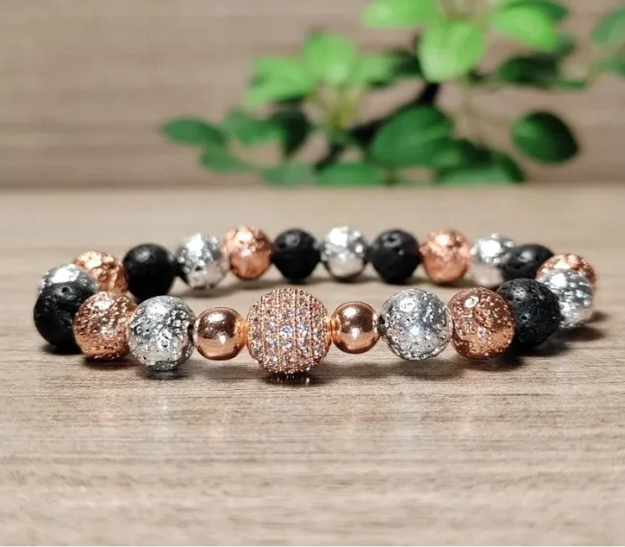 Lávakő, hematit karkötő cirkóniás gömbbel