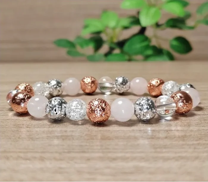 Láva, rózsakvarc, hegyikristály ásvány karkötő