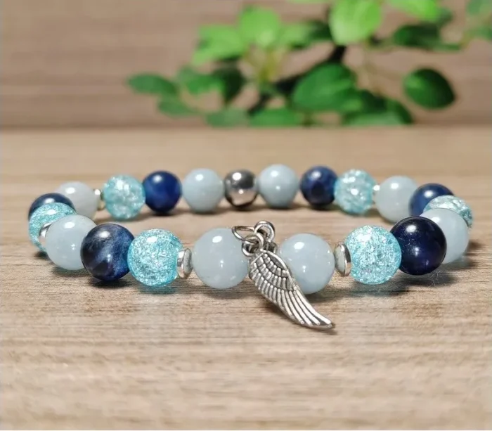 Angelit, hematit, szodalit, hegyikristály karkötő