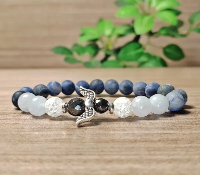 Szodalit, akvamarin, hegyikristály, hematit karkötő