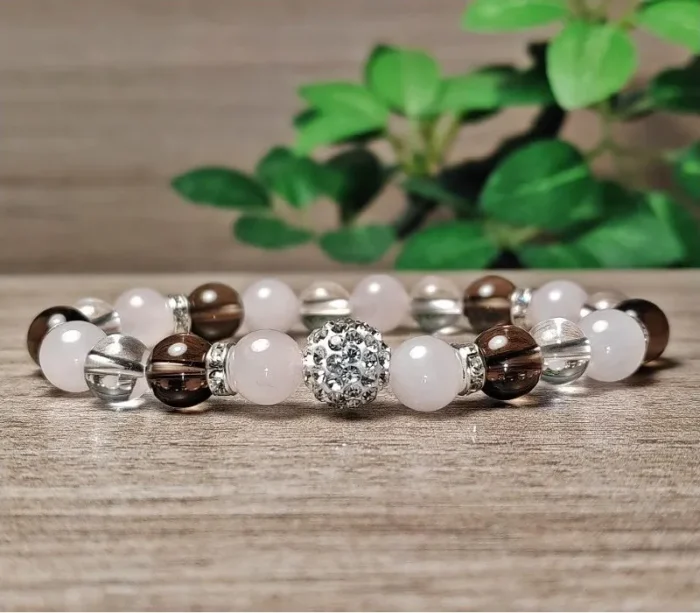 Rózsakvarc, füstkvarc, hegyikristály ásvány karkötő