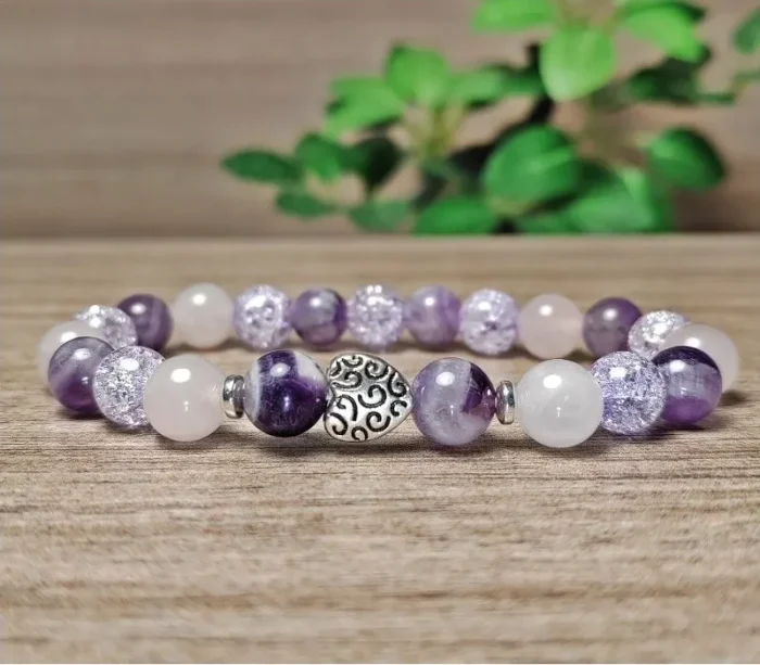 Ametiszt, rózsakvarc, hegyikristály, hematit karkötő