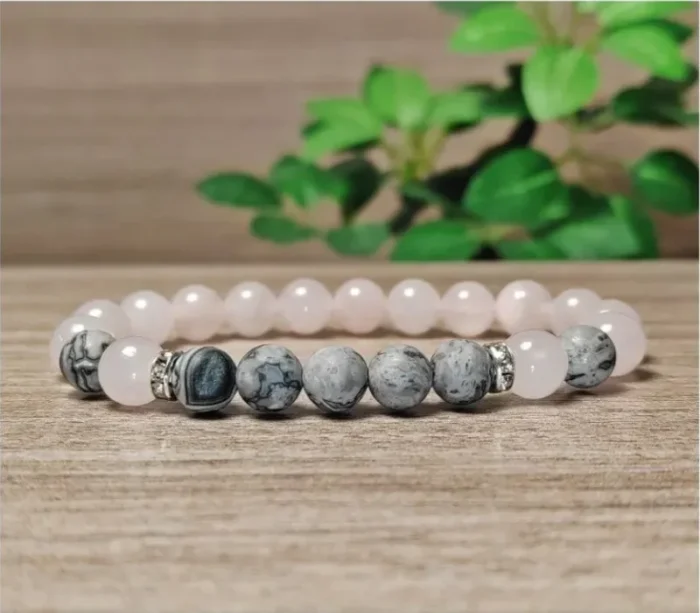 Rózsakvarc, jáspis ásvány karkötő