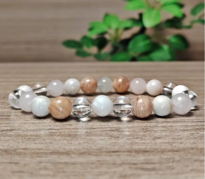 Holdkő, napkő, rózsakvarc, hegyikristály karkötő