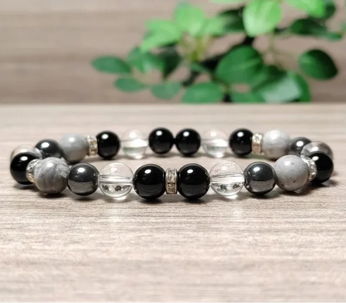 Ónix, jáspis, hematit, hegyikristály karkötő