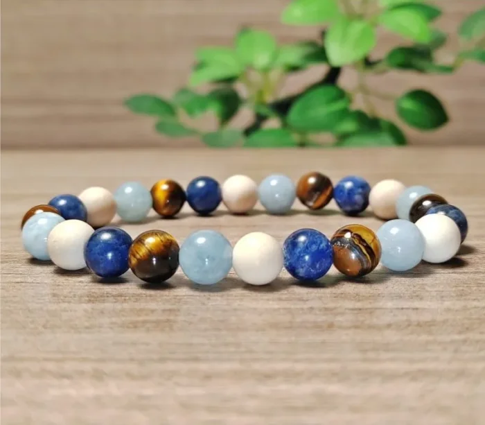 Tigrisszem, akvamarin, szodalit, riverstone karkötő