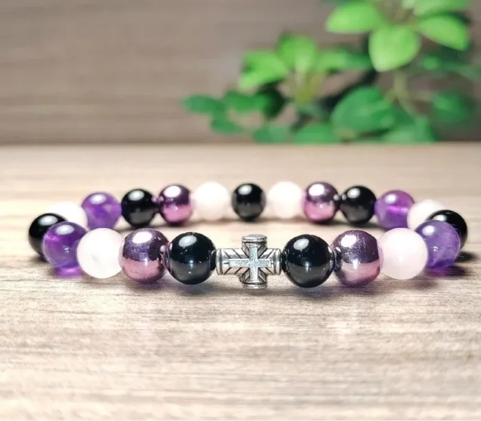 Ametiszt, rózsakvarc, hematit, ónix karkötő