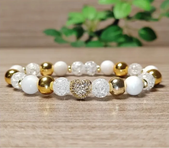 Hegyikristály, hematit, tejkvarc karkötő cirkon szívvel