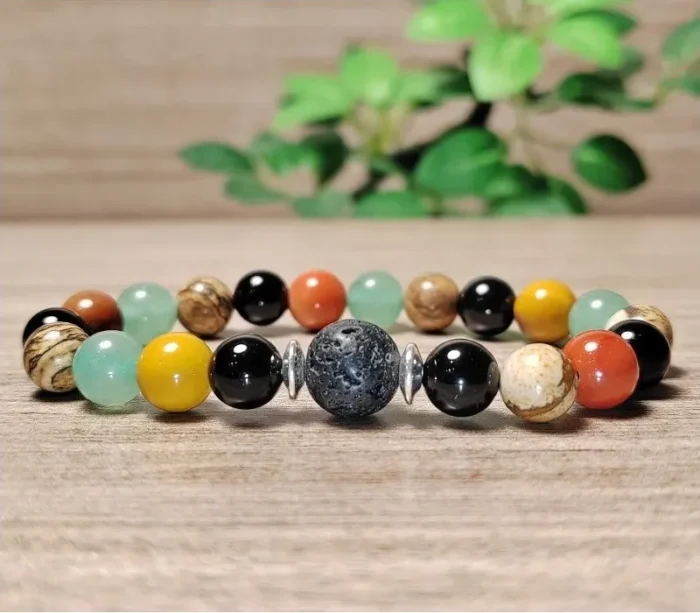 Mokait, aventurin, láva, ónix, jáspis karkötő