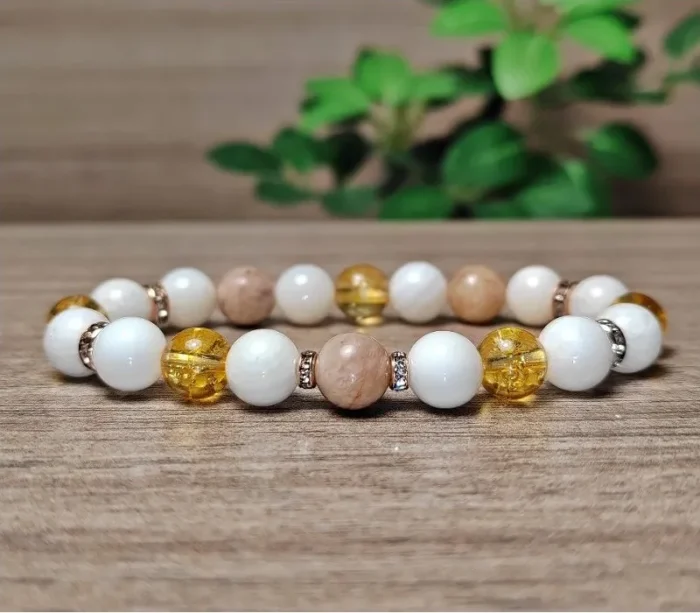 Napkő, gyöngyház, citrin ásvány karkötő