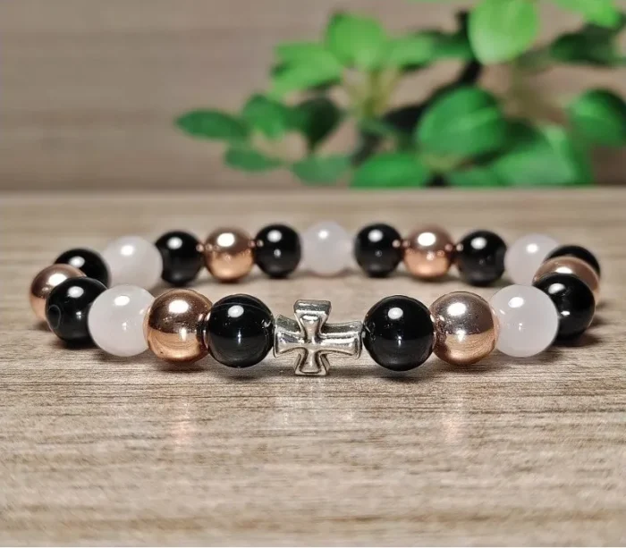 Ónix, hematit, rózsakvarc ásvány karkötő