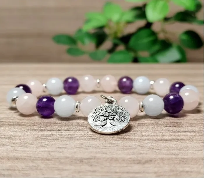 Rózsakvarc, akvamarin, ametiszt, hematit karkötő