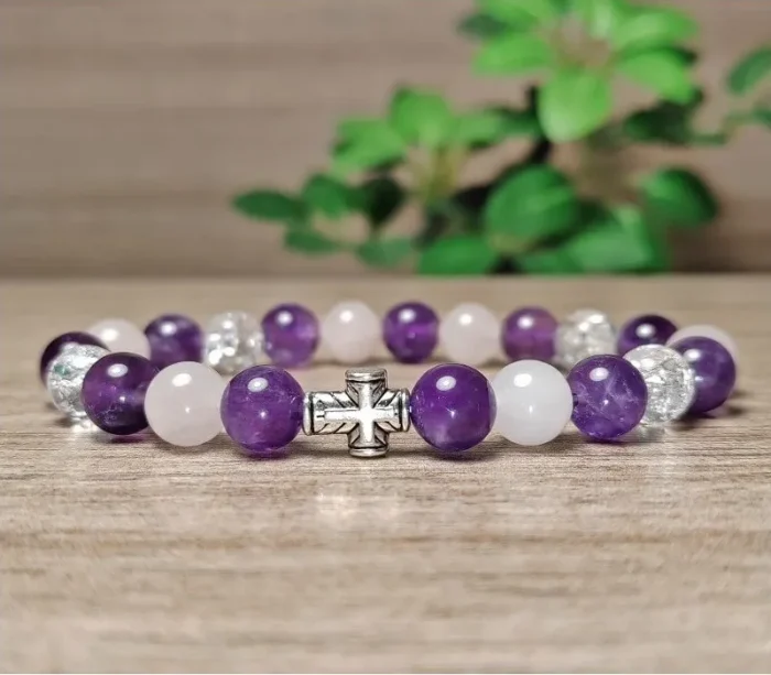 Rózsakvarc, ametiszt, hegyikristály ásvány karkötő