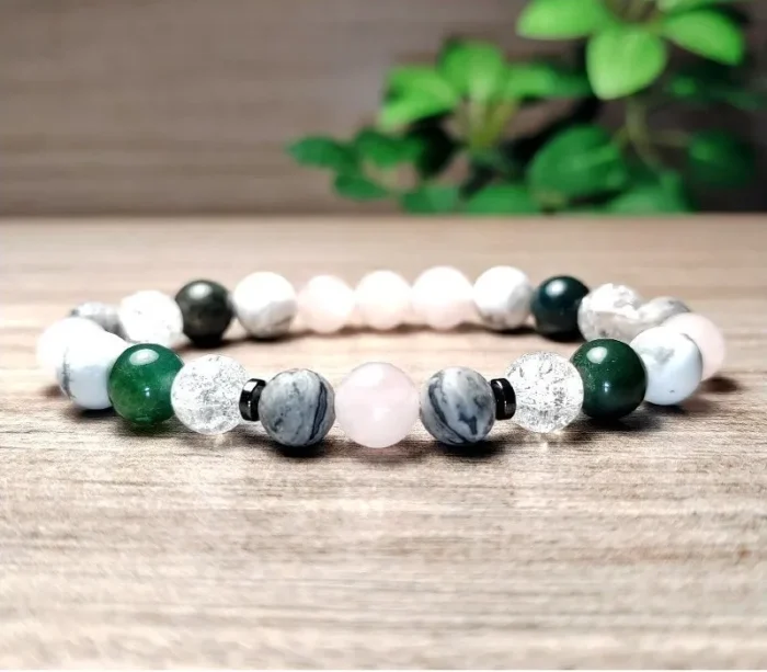 Rózsakvarc, jáspis, achát, hegyikristály karkötő