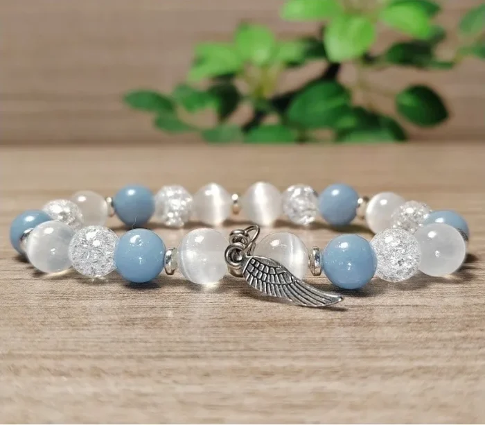 Szelenit, angelit, hegyikristály karkötő angyalszárnnyal